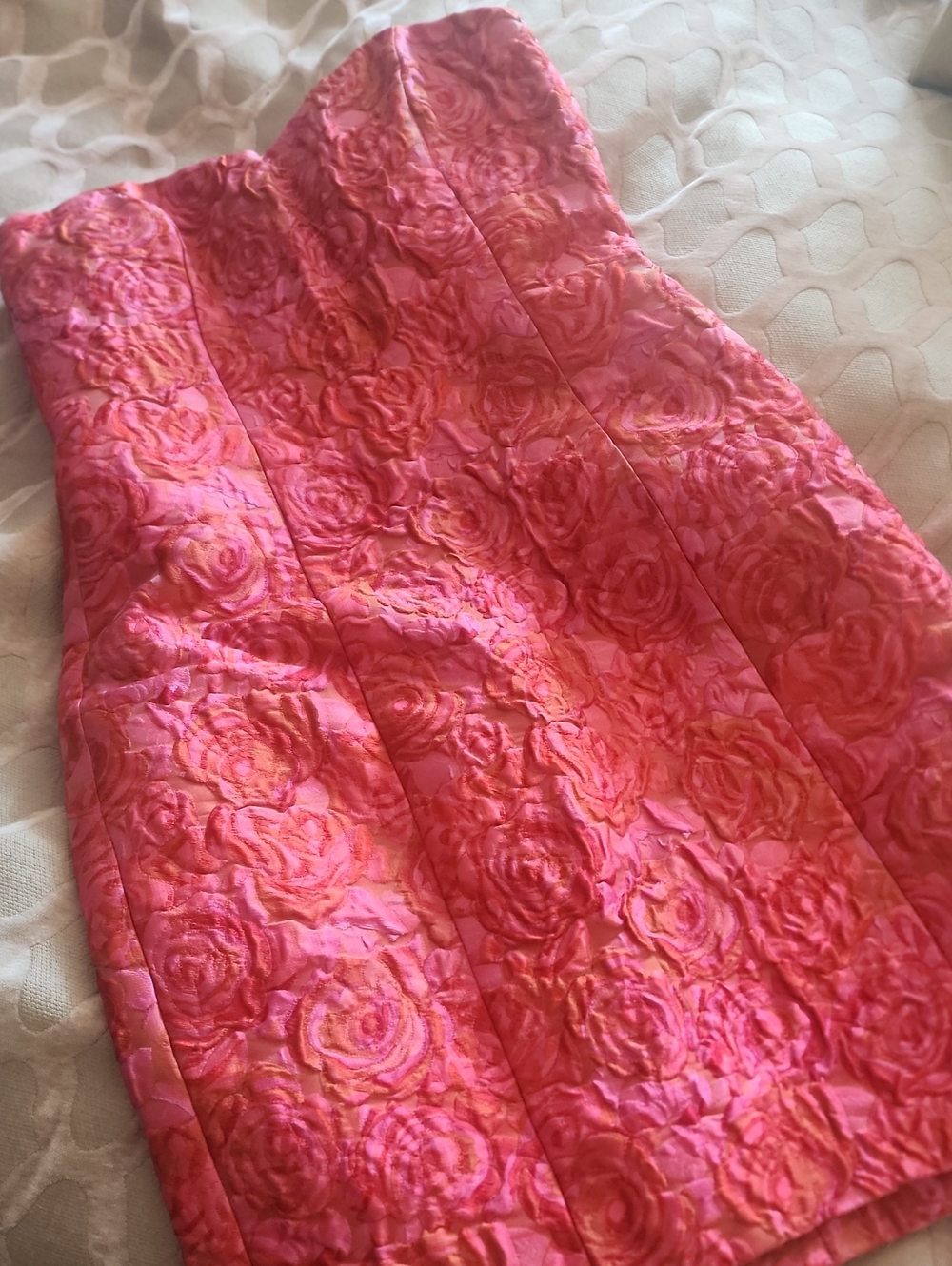 Vintage Betsey Johnson Strapless Pink Rose Jacquard Dress W/Sweetheart Neckline